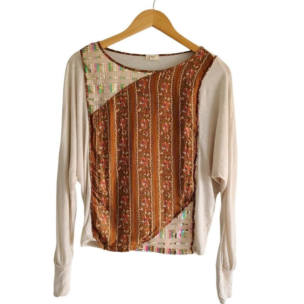 Anthropologie Tiny Cream Sequined Panel Top Dolman Sleeve Mixed Media Small